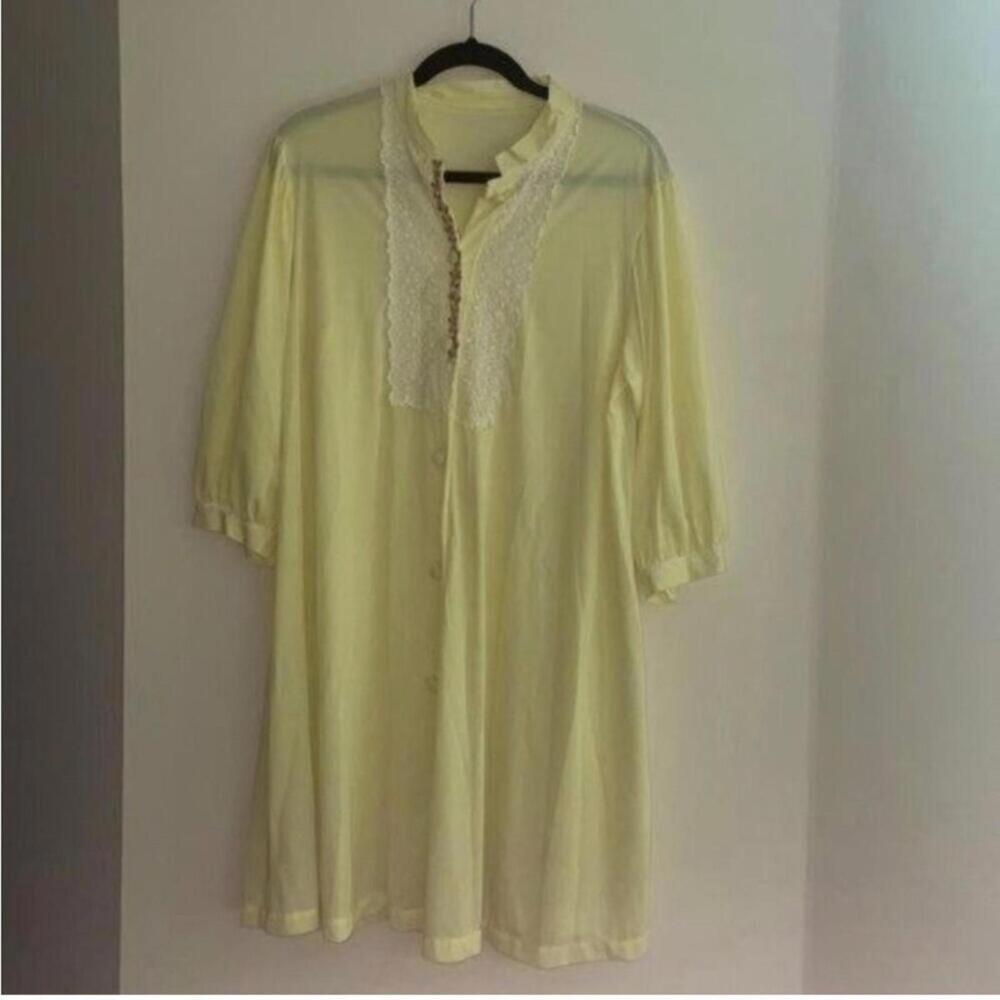 🇺🇸Vintage Yellow Button Down Pink Floral Embroider Lacer Trim Nightgown Lingerie